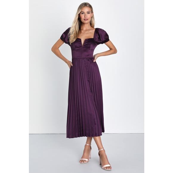 NWOT Lulus Flawless Forever Dark Purple Satin Pleated Midi Dress Size XXS - Picture 1 of 7
